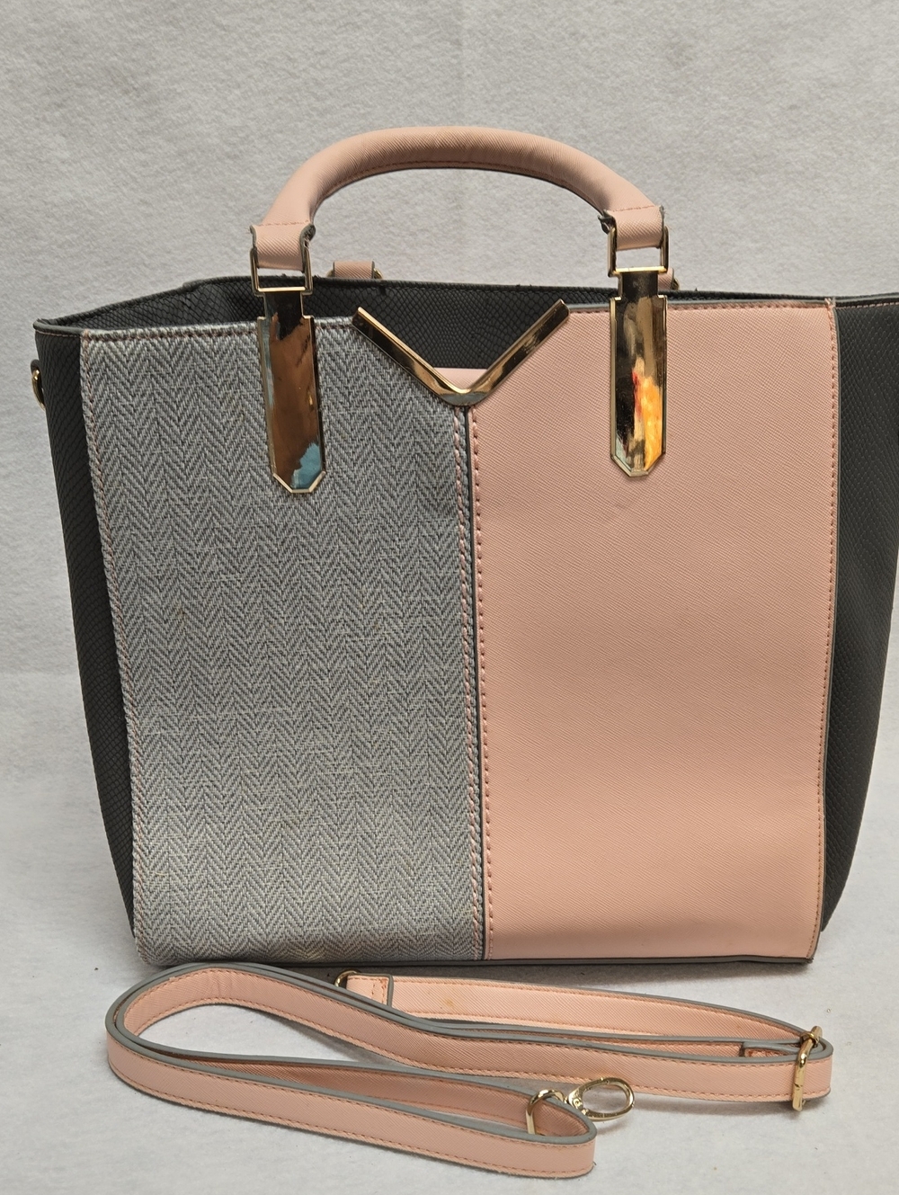 Cato Stylish Two-Tone Pink & Gray Tote Bag with Gold Hardware